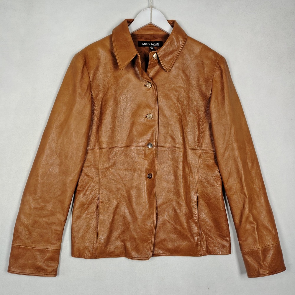 Anne Klein New York Womens Cognac Brown 100% Leather Button Front Jacket Large